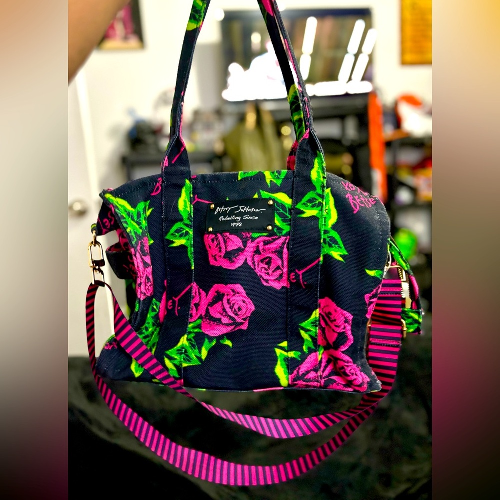 Betsey Johnson Canvas Tote.  Hot pink floral pattern.